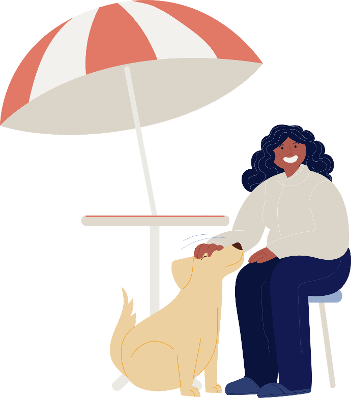 Illustratie van een vrouw op een terrasje die over het hoofd van haar hond aait.