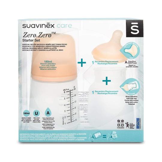 Suavinex FLESPAKKET Zero Zero (180ml Speciale Borstvoeding + Zuigspeen + Siliconen Zakje Fair)