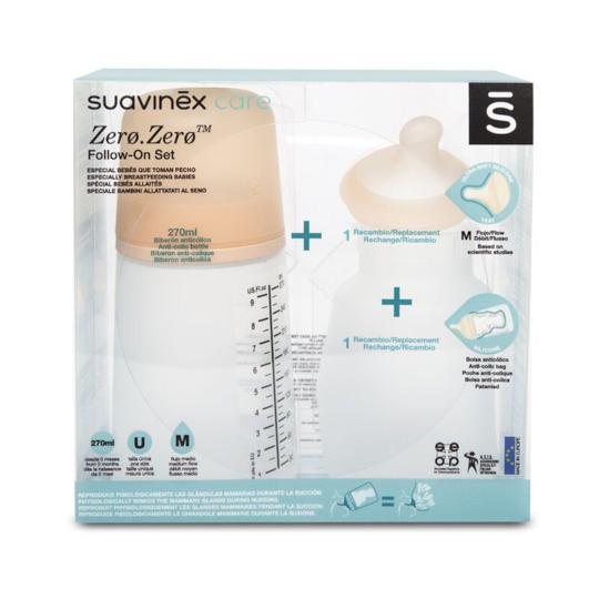 Suavinex FLESPAKKET Zero Zero (270ml Fles Gemiddelde doorstroom + Zuigspeen + Siliconen Zakje Fair)