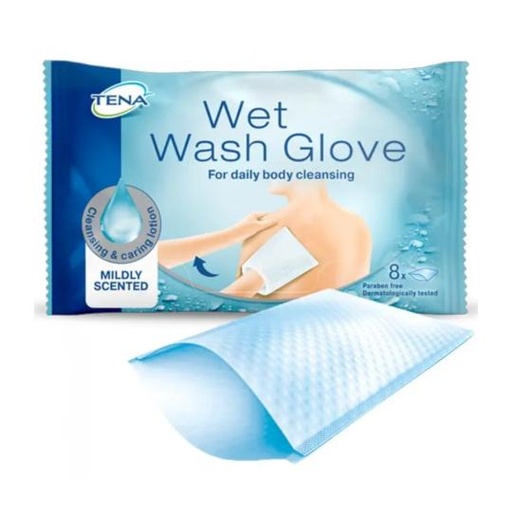 [014779] Débarbouillettes Tena Wet Wash Glove parfum frais et doux 8 pcs.